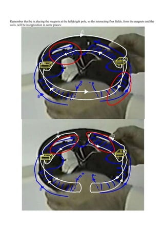 Remember that he is placing the magnets at the left&right pole, so the interacting flux fields, from the magnets and the
coils, will be in opposition in some places:
 