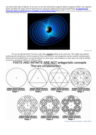 care about other types of dipoles. In our case we are only interested in magnetic dipoles (magnetic fields). Any magnetic
dipole resembles the shape of the Created Universe, being the multilayered-nested-toroidal-fields. In simple/brutal
terms the entire created Universe resembles an onion-donut shape Picture 282 (Actually is not just a simple torus, is more like the
Nassim Haramein double toroid model)
Picture 282
We can say that the Entire Universe is also finite and also infinite at the same time. This might seem absurd,
confusing and contradictory, but the concept of finite and infinite are not antagonistic and are actually complementary.
Infinite division/multiplication can only be defined in a finite space, and boundaries or finite space can only be defined
if you have enclosed an infinity in it (Picture 283).
Picture 283 Nassim Haramein – Black Whole
 