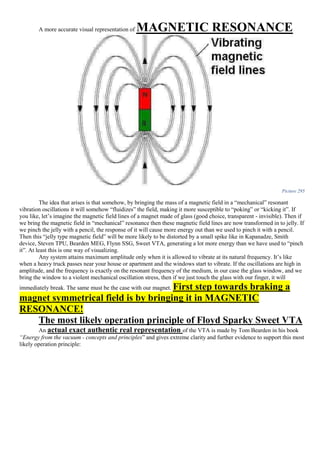 A more accurate visual representation of MAGNETIC RESONANCE
Picture 295
The idea that arises is that somehow, by bringing the mass of a magnetic field in a “mechanical” resonant
vibration oscillations it will somehow “fluidizes” the field, making it more susceptible to “poking” or “kicking it”. If
you like, let’s imagine the magnetic field lines of a magnet made of glass (good choice, transparent - invisible). Then if
we bring the magnetic field in “mechanical” resonance then these magnetic field lines are now transformed in to jelly. If
we pinch the jelly with a pencil, the response of it will cause more energy out than we used to pinch it with a pencil.
Then this “jelly type magnetic field” will be more likely to be distorted by a small spike like in Kapanadze, Smith
device, Steven TPU, Bearden MEG, Flynn SSG, Sweet VTA, generating a lot more energy than we have used to “pinch
it”. At least this is one way of visualizing.
Any system attains maximum amplitude only when it is allowed to vibrate at its natural frequency. It’s like
when a heavy truck passes near your house or apartment and the windows start to vibrate. If the oscillations are high in
amplitude, and the frequency is exactly on the resonant frequency of the medium, in our case the glass window, and we
bring the window to a violent mechanical oscillation stress, then if we just touch the glass with our finger, it will
immediately break. The same must be the case with our magnet. First step towards braking a
magnet symmetrical field is by bringing it in MAGNETIC
RESONANCE!
The most likely operation principle of Floyd Sparky Sweet VTA
An actual exact authentic real representation of the VTA is made by Tom Bearden in his book
“Energy from the vacuum - concepts and principles” and gives extreme clarity and further evidence to support this most
likely operation principle:
 