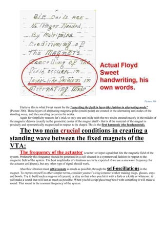 Picture 306
I believe this is what Sweet meant by the “canceling the field in layer-like fashion in alternating mode”
(Picture 306). These layers of alternating magnetic poles (multi-polar) are created in the alternating anti-nodes of the
standing wave, and the canceling occurs in the nodes.
Again for simplicity reasons let’s stick to only one anti-node with the two nodes created exactly in the middle of
the magnetic dipoles (exactly in the geometric center of the magnet itself - that is if the material of the magnet is
precisely and symmetrically magnetized in respect to its shape). This is the first harmonic (the fundamental).
The two main crucial conditions in creating a
standing wave between the fixed magnets of the
VTA:
The frequency of the actuator (exciter) or input signal that hits the magnetic field of the
system. Preferably this frequency should be generated in a coil situated in a symmetrical fashion in respect to the
magnetic field of the system. The best amplitudes of vibrations are to be expected if we use a sinewave frequency for
the actuator coil (input), but any other type of signal should work.
Also this vibration must self-resonate as much as possible, through the self-oscillations in the
magnet. To express myself in other simpler terms, consider yourself a clay/ceramic worker making mugs, glasses, cups
and bowls. Try to build such a mug out of ceramic or clay so that when you hit it with a fork or a knife or whatever, it
will make a sound that will last as much as possible. When you hit a cup/glass/mug/bowl with something it will make a
sound. That sound is the resonant frequency of the system.
 