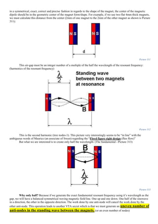in a symmetrical, exact, correct and precise fashion in regards to the shape of the magnet, the center of the magnetic
dipole should be in the geometric center of the magnet form/shape. For example, if we use two flat 4mm thick magnets,
we must calculate this distance from the center (2mm of one magnet to the 2mm of the other magnet as shown is Picture
311):
Picture 311
This air-gap must be an integer number of a multiple of the half the wavelength of the resonant frequency:
(harmonics of the resonant frequency)
Picture 312
This is the second harmonic (tree nodes-1). This picture very interestingly seems to be “in line” with the
ambiguous words of Maurice (an associate of Sweet) regarding the “Floyd figure eight design (flux flow)”
But what we are interested is to create only half the wavelength: (The fundamental - Picture 313)
Picture 313
Why only half? Because if we generate the exact fundamental resonant frequency using it’s wavelength as the
gap, we will have a balanced symmetrical waving magnetic field line. One up and one down. One half of the sinewave
in a direction, the other in the opposite direction. The work done by one anti-node will cancel the work done by the
other anti-node. This operation leads to another VTA secret which is that we must generate an uneven number of
anti-nodes in the standing wave between the magnets. (or an even number of nodes)
 