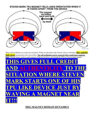 Picture 341
These self-oscillations are weak, but consistent. If they are put under load, friction, stress or resistance they quickly
fade away permanently (non-irreversible). The self-oscillations can be restarted with a small input magnetic
field (“hitting” them). Such a small magnetic field can be from a coil (inside the TPU) or from another magnet.
THIS GIVES FULL CREDIT
AND AUTHENTICITY TO THE
SITUATION WHERE STEVEN
MARK STARTS ONE OF HIS
TPU LIKE DEVICE JUST BY
WAVING A MAGNET NEAR
IT!!!
MEG MAGNET DOMAIN DYNAMICS
 