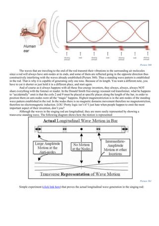 Picture 360
The waves that are traveling to the end of the rod transmit their vibrations to the surrounding air molecules
since a rod will always have anti-nodes at its ends, and some of them are reflected going in the opposite direction thus
constructively interfering with the waves already established (Picture 360). Thus a standing wave pattern is established
in the rod. That is why it is capable of generating only one tone. Because of its length. You want a different note, you
have to cut it shorter or just hold it in a different place, and start again.
And of course as it always happens with all these free-energy inventors, they always, always, always NOT
share everything with the listener or reader. In the Donald Smith free-energy resonant rod transformer, what he happens
to “accidentally” omit is that the coils 2 and 9 must be placed at specific places along the length of the bar, in order to
position them on anti-nodes were all the “magic” happens. Highest magnetostriction is in the anti-nodes of the standing
wave pattern established in the rod. In the nodes there is no magnetic domains movement therefore no magnetostriction,
therefore no electromagnetic induction. LOL! Pretty logic isn’t it? I just hate when people happen to omit the most
important aspect of their invention, don’t you?
Although the waves in the singing rod are longitudinal, they are more easily represented by showing a
transverse standing wave. The following diagram shows how the motion is represented:
Picture 361
Simple experiment (click link here) that proves the actual longitudinal wave generation in the singing rod:
 