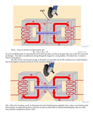 Picture 379
Hmm... seems we do have an improvement, but:
𝛷 𝐶 = 𝛷 𝑐1 + 𝛷 𝑐2 → 0 Equation 130
So is not completely gone. It seems that the cut we have just done, acts like an air-gap in the core. It still let’s some flux
go through... Also there is an additional closing through the magnet in a wrong fashion...This damn flux...It wants to
stick in wrong places!
Ok, then. So let’s increase the air-gap, so that there is no possible way for ΦC to jump across so great distances
due to the magnetic reluctance of the air. So let’s try this configuration:
Picture 380
Pfiu...After a lot of cutting, our ΦC is still present, but it has finally became negligible. Now, when we are looking at the
above picture, we might ask ourselves, why have we done so much labor in cutting and redesigning, when we could
have used this configuration (Picture 381)?
 