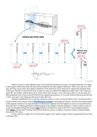 Picture 388
What we need is a small additional kick to set up the desired direction of spin. You might think that if we align
to the magnetic field of the earth, the spin will be dictated by the earth magnetic field lines. That is true only for a 180°
spin, but when it goes down, the magnetic field lines of the earth must reverse direction to support the premature birth
of this spin. Therefore it will still not spin. So what we need, are another 90° additional actuator coils, with a sinewave
signal 90° out of phase with the power coils. Notice that I said “actuator” coils. This means that it is not necessary for
these additional coils to have a powerful field for the magnetization process. It is at least sufficient that they provide like
a “drive way sign”, just setting up a direction of spin, that’s all.
Without an additional coils to provide a direction of spin, we won’t set up the “Bloch wall” correctly and all we
will get will be excess energy from the Barkhausen jumps in the magnetic domains, which are the random jumps
of the magnetic domains to re-align themselves with the new magnetic flux that happens to come in reversed direction.
Therefore there is nothing guiding this sudden jumping of the magnetic domains alignment, so there will be no spin. In
a cross-section plane through the magnet some domains will spin left to align to the 180° reversed applied magnetic
field, others will spin right. Nothing will tell them otherwise, unless we impose a direction of spin, a transition phase
between the 180° poles.
So, the solution is simple. We will also hit the magnet at 90° angle in respect with the magnetizing B vector like
so (Picture 389):
 