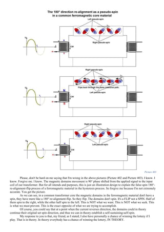 Picture 403
Please, don't be hard on me saying that I'm wrong in the above pictures (Picture 402 and Picture 403). I know. I
know. Forgive me. I know. The magnetic domains movement is 90° phase shifted from the applied signal to the input
coil of our transformer. But for all intends and purposes, this is just an illustration design to explain the false-spin 180°-
re-alignment-flip process of a ferromagnetic material in the hysteresis process. So forgive me because I'm not extremely
accurate. You get the picture.
As we can see, in a common transformer core the magnetic domains in the ferromagnetic material don't have a
spin, they have more like a 180°-re-alignment-flip. So they flip. The domains don't spin. It's a FLIP not a SPIN. Half of
them spin to the right, while the other half spin to the left. This is NOT what we want. This is NOT what we seek. This
is what we must prevent. This is the exact opposite of what we are trying to accomplish.
Of course, you could say that at a point when the current reverses direction, the domains could in theory
continue their original set spin direction, and thus we can in theory establish a self-sustaining-self-spin.
My response to you is that, my friend, as I stated, I also have personally a chance of winning the lottery if I
play. That is in theory. In theory everybody has a chance of winning the lottery, IN THEORY.
 