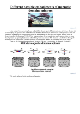 Different possible embodiments of magnetic
domains spinners
Picture 436
Let us analyze how can we implement and establish domain spin in different materials. All of these devices that
we are studying are hysteresis free and Barkhausen effect free. So let’s try to eliminate the word “hysteresis” from our
vocabulary. So what we are really doing is letting the domains work for us in their own rhythm, and not forced in
slavery to work at the frequency WE WANT, or impose on them. So we must destroy and break everything we know
about hysteresis by spinning the domains and not hitting them each time in 180° direction. Let’s think this through. If
the domains want to spin, what is the best geometry to create a spin? What is the easiest way this can be tested?
These are the right questions we must ask ourselves. Ok, then. Let’s consider the design in Picture 437:
Picture 437
This can be achieved by this winding configuration:
 