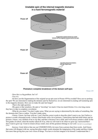 Picture 459
-Now this is a big problem. Isn’t it?
-Yes it is.
-So how can this fragmentation of the original set up spin seen in Picture 459 be avoided? How can we prolong
the spin? We are interested in making the domains spin by themselves; we are interested in creating self-sustaining spin
in the magnetic domains. How can we make the spin last longer?
-That is the right question.
-My guess is that somehow, the spin is “traveling” too much. It has too much friction. It is a too long course
they have to take to complete a revolution.
-What do you mean? You don’t make sense. What you are saying is determined by the radius of something. But
the domains don’t have a radius. You don’t make sense.
-I know, I know, but bear with me. I can’t find the correct words to describe what I want to say, but I believe a
picture is worth a thousand words. I always liked books with a lot of pictures. I hated those that had small letters and no
pictures. I know, very childish of me to say that, and that is because I am a child, and I will always remain a child. In the
first grades of school, when the teacher asked all of us, what we will want to be when we grow up, I answered that I
don’t want to grow up. I want to remain always small, since all the greatness belongs to our Lord. (Nail that! to my psychological
profile)
Anyway, I truly believe that one can UNDERSTAND a lot more from a picture than from words. And I know
that some will disagree with me, saying that plain simple words stimulate the imagination of the reader and thus it helps
him more than giving him your own vision of things. You have to let him imagine it for himself. I understand that. I
 