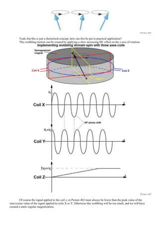 Picture 461
Yeah, but this is just a theoretical concept, how can this be put in practical application?
This wobbling motion can be created by applying a slow increasing DC offset on the z axis of rotation:
Picture 462
Of course the signal applied to the coil z, in Picture 462 must always be lower than the peak value of the
sine/cosine value of the signal applied to coils X or Y. Otherwise this wobbling will be too small, and we will have
created a static regular magnetization.
 