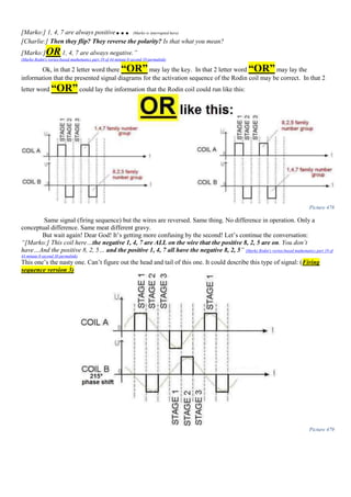 [Marko:] 1, 4, 7 are always positive… (Marko is interrupted here)
[Charlie:] Then they flip? They reverse the polarity? Is that what you mean?
[Marko:]OR1, 4, 7 are always negative.”
(Marko Rodin's vortex-based mathematics part 19 of 44 minute 0 second 10 permalink)
Ok, in that 2 letter word there “OR” may lay the key. In that 2 letter word “OR” may lay the
information that the presented signal diagrams for the activation sequence of the Rodin coil may be correct. In that 2
letter word “OR” could lay the information that the Rodin coil could run like this:
Picture 478
Same signal (firing sequence) but the wires are reversed. Same thing. No difference in operation. Only a
conceptual difference. Same meat different gravy.
But wait again! Dear God! It’s getting more confusing by the second! Let’s continue the conversation:
“[Marko:] This coil here…the negative 1, 4, 7 are ALL on the wire that the positive 8, 2, 5 are on. You don’t
have…And the positive 8, 2, 5… and the positive 1, 4, 7 all have the negative 8, 2, 5” (Marko Rodin's vortex-based mathematics part 19 of
44 minute 0 second 30 permalink)
This one’s the nasty one. Can’t figure out the head and tail of this one. It could describe this type of signal: (Firing
sequence version 3)
Picture 479
 