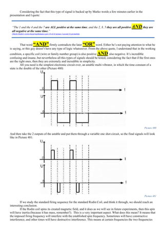 Considering the fact that this type of signal is backed up by Marko words a few minutes earlier in the
presentation and I quote:
That word “AND” firmly contradicts the later “OR” word. Either he’s not paying attention to what he
is saying, or this guy doesn’t have any type of logic whatsoever. From the above quote, I understand that in the working
condition, a specific coil (wire or family number group) is also positive AND also negative. It’s incredible
confusing and insane, but nevertheless all this types of signals should be tested, considering the fact that if the first ones
are the right ones, then they are extremely and incredible in simplicity.
All you need is the simplest electronic circuit ever, an astable multi-vibrator, in which the time constant of a
state is the double of the other (Picture 480)
Picture 480
And then take the 2 outputs of the astable and put them through a variable one shot circuit, so the final signals will look
like in Picture 481:
Picture 481
If we study the standard firing sequence for the standard Rodin Coil, and think it through, we should reach an
interesting conclusion.
If the Rodin coil spins its created magnetic field, and it does as we will see in future experiments, then this spin
will have inertia (because it has mass, remember?). This is a very important aspect. What does this mean? It means that
the imposed firing frequency will interfere with the established spin frequency. Sometimes will have constructive
interference, and other times will have destructive interference. This means at certain frequencies the two frequencies
“The 1 and the 4 and the 7 are ALL positive at the same time, and the 2, 8, 5 they are all positive ANDthey are
all negative at the same time.”
(Marko Rodin's vortex-based mathematics part 18 of 44 minute 3 second 54 permalink)
 