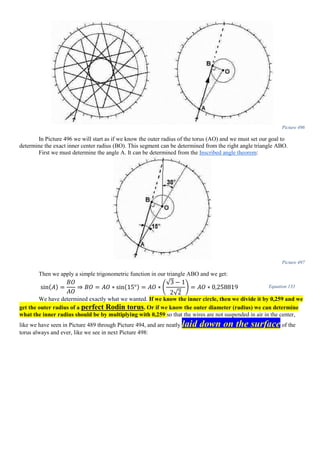 Picture 496
In Picture 496 we will start as if we know the outer radius of the torus (AO) and we must set our goal to
determine the exact inner center radius (BO). This segment can be determined from the right angle triangle ABO.
First we must determine the angle A. It can be determined from the Inscribed angle theorem:
Picture 497
Then we apply a simple trigonometric function in our triangle ABO and we get:
sin(𝐴) =
𝐵𝑂
𝐴𝑂
⇒ 𝐵𝑂 = 𝐴𝑂 ∗ sin(15°) = 𝐴𝑂 ∗ (
√3 − 1
2√2
) = 𝐴𝑂 ∗ 0,258819 Equation 133
We have determined exactly what we wanted. If we know the inner circle, then we divide it by 0,259 and we
get the outer radius of a perfect Rodin torus. Or if we know the outer diameter (radius) we can determine
what the inner radius should be by multiplying with 0,259 so that the wires are not suspended in air in the center,
like we have seen in Picture 489 through Picture 494, and are neatly laid down on the surface of the
torus always and ever, like we see in next Picture 498:
 