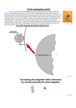 Circle packaging model
So let’s say you have 20 full Rodin turns and by applying the Koebe–Andreev–Thurston
theorem (sounds fancy, doesn't it?) or in other words a hexagonal lattice of the bee's honeycomb
packaging method (theoretical minimum packaging diameter allowed for a bunch of wires) you will
end up with let’s say 4 mm total diameter of one winding created from all these 20 full Rodin turns.
It sounds complex, but it’s not. Complex is when you are dealing with spherical packaging. So let’s
be thankful that we are dealing only with circles and a plane. It is a simple hexagonal cylinder
packing problem. OK, now, you start by accurately calculating the inner radius and the outer radius,
then you make the inner radius 2 mm bigger (so that the center of the total bunch of 20 wires sits
nice on the perfect inner surface/inner radius calculated previously-Picture 501)
Picture 501
Picture 502
Picture 500
 