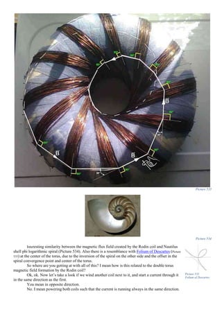 Picture 533
Picture 534
Interesting similarity between the magnetic flux field created by the Rodin coil and Nautilus
shell phi logarithmic spiral (Picture 534). Also there is a resemblance with Folium of Descartes (Picture
535) at the center of the torus, due to the inversion of the spiral on the other side and the offset in the
spiral convergence point and center of the torus.
So where are you getting at with all of this? I mean how is this related to the double torus
magnetic field formation by the Rodin coil?
Ok, ok. Now let’s take a look if we wind another coil next to it, and start a current through it
in the same direction as the first.
You mean in opposite direction.
No. I mean powering both coils such that the current is running always in the same direction.
Picture 535
Folium of Descartes
 
