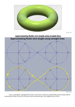 Picture 545
Approximating Rodin wire length using straight lines
Picture 546
Just as a parenthesis, regarding Picture 546, it can be shown, that in any perfect Rodin torus the angle made by
connecting the center of the core of the torus with the maximum apex of the opposed circle will be:
 