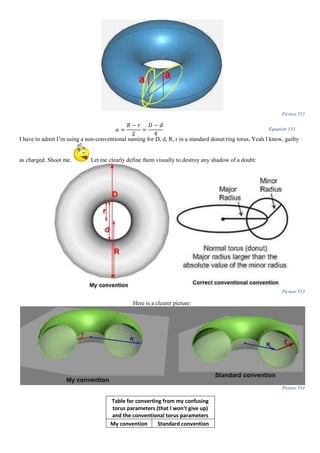 Picture 552
𝑎 =
𝑅 − 𝑟
2
=
𝐷 − 𝑑
4
Equation 153
I have to admit I’m using a non-conventional naming for D, d, R, r in a standard donut/ring torus. Yeah I know, guilty
as charged. Shoot me. Let me clearly define them visually to destroy any shadow of a doubt:
Picture 553
Here is a clearer picture:
Picture 554
Table for converting from my confusing
torus parameters (that I won't give up)
and the conventional torus parameters
My convention Standard convention
 