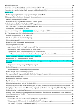 Hysteresys annihilator......................................................................................................................................................200
Connection between Annis&Eberly generator and Steven Mark TPU............................................................................211
Connection between the Annis&Eberly generator and Tom Bearden MEG ...................................................................221
Naudin 2SGen..................................................................................................................................................................223
Further improving the 2SGen design by mimicking its mother MEG.........................................................................224
Different possible embodiments of magnetic domains spinners......................................................................................227
Cylinder magnetic domains spinner.............................................................................................................................229
Demagnetized ring magnet internal magnetic domains spinner ..................................................................................231
Further insights on the Floyd Sparky Sweet VTA magnetizer ........................................................................................233
The Floyd Sweet VTA-SQM Time-machine/antigravity device .................................................................................245
Conclusion of Floyd Sweet VTA study:......................................................................................................................247
A cheap accessible approach to extreme accuracy signal generator (max 20KHz):........................................................247
New Energy movement: Marko Rodin technology .........................................................................................................251
Different firing sequences for the Rodin Coil..............................................................................................................252
The Rodin coil and the double torus topology.............................................................................................................258
Circle packaging model ...............................................................................................................................................264
Rodin Coil, Spira mirabilis and Jacob Bernoulli .........................................................................................................273
Calculating Rodin wire length .....................................................................................................................................288
Approximating Rodin wire length using straight lines ............................................................................................289
Approximating Rodin coil length using the ellipse model.......................................................................................292
Approximating Rodin coil wire length using the parabola model ...........................................................................298
1. The correct determination of the Rodin coil length using the lemniscate model.............................................301
Tuning to magnetic resonance experiment with a Rodin Coil.....................................................................................307
Rodin spinner for a demagnetized ring magnet ...........................................................................................................308
The real truth about magnetic monopoles - the never ending quest for the magnetic monopoles and the real magnetic
monopole......................................................................................................................................................................312
The process of creating a magnetic dipole (a magnet).............................................................................................320
Rodin bubble ring ........................................................................................................................................................337
Activation sequence to form a sustainable bubble ring............................................................................................339
Further insights on the Rodin firing sequences............................................................................................................345
The magnetic bubble ring maintained by the Rodin “flux pump” actuator field.........................................................352
Using cores in the Rodin coil.......................................................................................................................................356
Rodin magnetic bubble ring generator.........................................................................................................................368
Double torus transformer .............................................................................................................................................373
Designing Rodin collector coils for the Rodin field ....................................................................................................375
Designing an oscillator with the 90° built-in-lag in the Rodin coil spiraling-magnetic-bubble-ring-auto-spinner .....395
Going beyond the basic standard 150° winding step angle for the Rodin coil. Exploring different configurations....396
Rodin coil, sorcery & witchcraft connection ...............................................................................................................401
Standard Rodin magnetic field configuration - Meruba Ashurit and the origins of the alphabet - Stan Tenen Meru
research connection -the Torah is a Torus ...................................................................................................................420
Rodin magnetic field....................................................................................................................................................423
Rodin vortex-horn torus and the lemon-spindle torus magnetic fields ...................................................................442
Unique magnetic field pattern in the standard Rodin 150° winding step-angle.......................................................450
THE RODIN CENTRAL LEMON DIMENSIONS:...............................................................................................458
 
