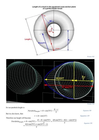 Picture 563
Picture 564
So our parabola height is:
𝑃𝑎𝑟𝑎𝑏𝑜𝑙𝑎ℎ𝑒𝑖𝑔ℎ𝑡 = 𝑅 ∗ sin(75°) −
𝑅 − 𝑟
2
Equation 168
But we also know, that:
𝑟 = 𝑅 ∗ sin(15°) Equation 139
Therefore our height will become:
𝑃𝑎𝑟𝑎𝑏𝑜𝑙𝑎ℎ𝑒𝑖𝑔ℎ𝑡 = 𝑅 ∗ sin(75°) −
𝑅 − 𝑅 ∗ sin(75°)
2
=
2𝑅 sin(75°) − 𝑅(1 − sin(15°))
2
=
𝑅(2 sin(75°) + sin(15°) − 1)
2
Equation 169
 