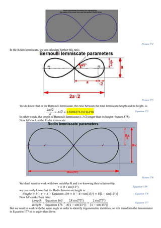Picture 574
In the Rodin lemniscate, we can calculate further this ratio.
Picture 575
We do know that in the Bernoulli lemniscate, the ratio between the total lemniscate length and its height, is:
2𝑎√2
𝑎
= 2√2 = 2.828427124746190 Equation 175
In other words, the length of Bernoulli lemniscate is 2√2 longer than its height (Picture 575).
Now let's look at the Rodin lemniscate:
Picture 576
We don't want to work with two variables R and r so knowing their relationship:
𝑟 = 𝑅 ∗ sin(15°) Equation 139
we can easily know that the Rodin lemniscate height is:
𝐻𝑒𝑖𝑔ℎ𝑡 = 𝑅 − 𝑟 = 𝑅 − Equation 139 = 𝑅 − 𝑅 ∗ sin(15°) = 𝑅[1 − sin(15°)] Equation 176
Now let's make their ratio:
𝐿𝑒𝑛𝑔𝑡ℎ
𝐻𝑒𝑖𝑔ℎ𝑡
=
Equation 163
Equation 176
=
2𝑅 sin(75°)
𝑅[1 − sin(15°)]
=
2 sin(75°)
[1 − sin(15°)]
Equation 177
But we want to work with the same angle in order to identify trigonometric identities, so let's transform the denominator
in Equation 177 in its equivalent form:
 