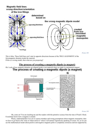 Picture 598
This is false. These field lines can’t start in opposite directions because of the TRUE ALIGNMENT of the
ferromagnetic domains inside the material.
If this is a wrong model, then what are you proposing?
The process of creating a magnetic dipole (a magnet)
Ok. Look at how magnetic domains are aligned inside a test material when we make it a permanent magnet:
Picture 599
Oh, come on! You are insulting me and the readers with this primitive science from the time of Noah’s flood.
Everybody knows how a magnet is created.
Please, understand that if we are to correct mistakes and wrong assumptions about magnetic monopoles, then
we have to go back to the "time of Adam and Eve" where it all started. Figuratively speaking of course. So, as we can
see the mathematical model about positive and negative magnetic poles is completely erroneous and not supported by
 