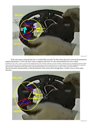 Picture 62
If the wires were connected like this, it would nullify our pole! So then what's the point in having the permanent
magnet placed here??? Our coils don't create a magnetic pole here! So, this sub-possibility has to be wrong!
(Comment on 29.12.2011: If this is your first time reading the book, don’t read this comment. It will be extremely confusing and even contradicting all I have stated.
I have come to believe that this is actually not wrong, but in fact quite correct, and even more than that, it’s an improvement of the final configuration. So study the
final most likely configuration and the further study on improving performance to see how this above case is correct. Follow my journey footsteps)
The last incorrect sub-possibility is that the direction of the current flow through these 2 yellow wires is in the same
direction.
Picture 63
 