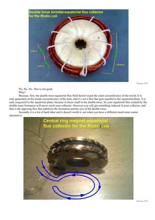 Picture 678
No. No. No. This is not good.
Why?
Because, first, the double torus equatorial flux field doesn't reach the outer circumference of the toroid. It is
only generated on the inside circumference of the hole, and it’s not a flux that goes parallel to the equatorial plane. It is
only tangential to the equatorial plane, because it closes itself in the double torus. So your equatorial flux created by the
double torus formation will never reach your collector. However you will get something induced in your collector, and
that is the opposing flux that stabilizes the formation and the size of the double torus.
Secondly it is a lot of hard labor and it doesn't worth it, not when you have a different much more easier
alternative:
Picture 679
 
