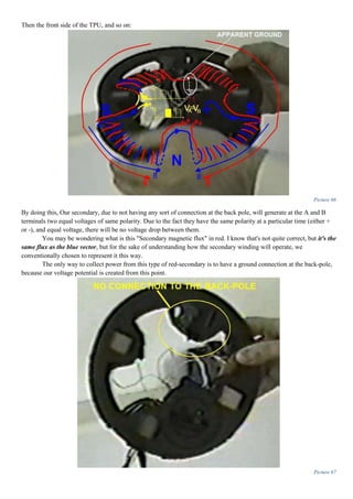 Then the front side of the TPU, and so on:
Picture 66
By doing this, Our secondary, due to not having any sort of connection at the back pole, will generate at the A and B
terminals two equal voltages of same polarity. Due to the fact they have the same polarity at a particular time (either +
or -), and equal voltage, there will be no voltage drop between them.
You may be wondering what is this "Secondary magnetic flux" in red. I know that's not quite correct, but it's the
same flux as the blue vector, but for the sake of understanding how the secondary winding will operate, we
conventionally chosen to represent it this way.
The only way to collect power from this type of red-secondary is to have a ground connection at the back-pole,
because our voltage potential is created from this point.
Picture 67
 