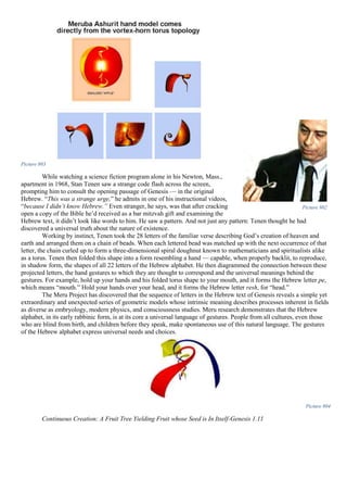 Picture 803
While watching a science fiction program alone in his Newton, Mass.,
apartment in 1968, Stan Tenen saw a strange code flash across the screen,
prompting him to consult the opening passage of Genesis — in the original
Hebrew. “This was a strange urge,” he admits in one of his instructional videos,
“because I didn’t know Hebrew.” Even stranger, he says, was that after cracking
open a copy of the Bible he’d received as a bar mitzvah gift and examining the
Hebrew text, it didn’t look like words to him. He saw a pattern. And not just any pattern: Tenen thought he had
discovered a universal truth about the nature of existence.
Working by instinct, Tenen took the 28 letters of the familiar verse describing God’s creation of heaven and
earth and arranged them on a chain of beads. When each lettered bead was matched up with the next occurrence of that
letter, the chain curled up to form a three-dimensional spiral doughnut known to mathematicians and spiritualists alike
as a torus. Tenen then folded this shape into a form resembling a hand — capable, when properly backlit, to reproduce,
in shadow form, the shapes of all 22 letters of the Hebrew alphabet. He then diagrammed the connection between these
projected letters, the hand gestures to which they are thought to correspond and the universal meanings behind the
gestures. For example, hold up your hands and his folded torus shape to your mouth, and it forms the Hebrew letter pe,
which means “mouth.” Hold your hands over your head, and it forms the Hebrew letter resh, for “head.”
The Meru Project has discovered that the sequence of letters in the Hebrew text of Genesis reveals a simple yet
extraordinary and unexpected series of geometric models whose intrinsic meaning describes processes inherent in fields
as diverse as embryology, modern physics, and consciousness studies. Meru research demonstrates that the Hebrew
alphabet, in its early rabbinic form, is at its core a universal language of gestures. People from all cultures, even those
who are blind from birth, and children before they speak, make spontaneous use of this natural language. The gestures
of the Hebrew alphabet express universal needs and choices.
Picture 804
Continuous Creation: A Fruit Tree Yielding Fruit whose Seed is In Itself-Genesis 1.11
Picture 802
 