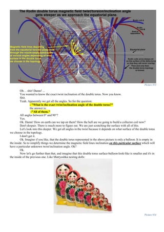Picture 813
Oh… shit! Damn! ...
You wanted to know the exact twist inclination of the double torus. Now you know.
Shit.
Yeah. Apparently we get all the angles. So for the question:
- "What is the exact twist/inclination angle of the double torus?"
the answer is:
-"All of them."
All angles between 0° and 90°?
Yes.
Ok. Damn! How on earth can we tap on them? How the hell are we going to build a collector coil now?
Don't despair. There is much more to figure out. We are just scratching the surface with all of this.
Let's look into this deeper. We get all angles in the twist because it depends on what surface of the double torus
we choose in the topology.
I don't get it.
Ok. Imagine if you like, that the double torus represented in the above picture is only a balloon. It is empty in
the inside. So to simplify things we determine the magnetic field lines inclination on this particular surface which will
have a particular unknown twist/inclination angle. Ok?
Ok.
Now let's go further than that, and imagine that this double torus surface-balloon-look-like is smaller and it's in
the inside of the previous one. Like Matryoshka nesting dolls:
Picture 814
 