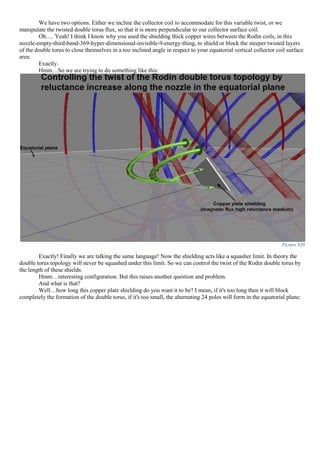 We have two options. Either we incline the collector coil to accommodate for this variable twist, or we
manipulate the twisted double torus flux, so that it is more perpendicular to our collector surface coil.
Oh…. Yeah! I think I know why you used the shielding thick copper wires between the Rodin coils, in this
nozzle-empty-third-band-369-hyper-dimensional-invisible-9-energy-thing, to shield or block the steeper twisted layers
of the double torus to close themselves in a too inclined angle in respect to your equatorial vertical collector coil surface
area.
Exactly.
Hmm…So we are trying to do something like this:
Picture 820
Exactly! Finally we are talking the same language! Now the shielding acts like a squasher limit. In theory the
double torus topology will never be squashed under this limit. So we can control the twist of the Rodin double torus by
the length of these shields.
Hmm…interesting configuration. But this raises another question and problem.
And what is that?
Well…how long this copper plate shielding do you want it to be? I mean, if it's too long then it will block
completely the formation of the double torus, if it's too small, the alternating 24 poles will form in the equatorial plane:
 