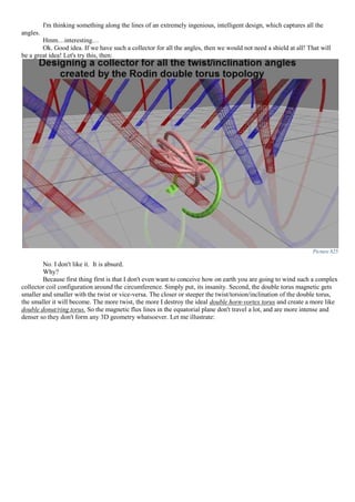 I'm thinking something along the lines of an extremely ingenious, intelligent design, which captures all the
angles.
Hmm…interesting…
Ok. Good idea. If we have such a collector for all the angles, then we would not need a shield at all! That will
be a great idea! Let's try this, then:
Picture 825
No. I don't like it. It is absurd.
Why?
Because first thing first is that I don't even want to conceive how on earth you are going to wind such a complex
collector coil configuration around the circumference. Simply put, its insanity. Second, the double torus magnetic gets
smaller and smaller with the twist or vice-versa. The closer or steeper the twist/torsion/inclination of the double torus,
the smaller it will become. The more twist, the more I destroy the ideal double horn-vortex torus and create a more like
double donut/ring torus. So the magnetic flux lines in the equatorial plane don't travel a lot, and are more intense and
denser so they don't form any 3D geometry whatsoever. Let me illustrate:
 