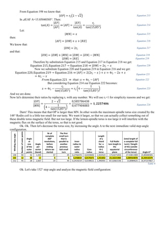 From Equation 198 we know that:
|𝑂𝑃| = 𝑟𝑐(2 − √2) Equation 213
In ⊿EAF A=15.85040305°. Then:
tan(𝐴) =
|𝐸𝐹|
|𝐴𝐹|
⇒ |𝐴𝐹| =
|𝐸𝐹|
tan(𝐴)
=
𝑟𝑐
tan(15,85°)
Equation 214
Let:
|𝑀𝑁| = 𝑥 Equation 215
then:
|𝐴𝐹| = |𝐷𝑀| + 𝑥 + |𝑁𝐸| Equation 216
We know that:
|𝐷𝑁| = 2𝑟𝑐 Equation 217
and that:
|𝐷𝑁| = |𝐷𝑀| + |𝑀𝑁| ⇒ |𝐷𝑀| = |𝐷𝑁| − |𝑀𝑁| Equation 218
|𝐷𝑀| = |𝑁𝐸| Equation 219
Therefore by substitution Equation 215 and Equation 217 in Equation 218 we get:
Equation 215, Equation 217 → Equation 218 ⇒ |𝐷𝑀| = 2𝑟𝑐 − 𝑥 Equation 220
Now we substitute Equation 220 and Equation 219 in Equation 216 and we get:
Equation 220, Equation 219 → Equation 216 ⇒ |𝐴𝐹| = 2(2𝑟𝑐 − 𝑥 ) + 𝑥 = 4𝑟𝑐 − 2𝑥 + 𝑥
= 4𝑟𝑐 − 𝑥
Equation 221
𝐹𝑟𝑜𝑚 Equation 221 ⇒ 𝑡ℎ𝑎𝑡: 𝑥 = 4𝑟𝑐 − |𝐴𝐹| Equation 222
But considering Equation 214 our Equation 222 becomes:
𝑥 = 4𝑟𝑐 −
𝑟𝑐
tan(15,85°)
= 𝑟𝑐 (4 −
1
tan(15,85°)
) Equation 223
And we are done.
Now let's determine their ratios by replacing rc with any number. We will use rc=1 for simplicity reasons and we get:
|𝑂𝑃|
|𝑀𝑁|
=
2 − √2
(4 −
1
tan(15,85°)
)
=
0,585786438
0,477904083
= 𝟏, 𝟐𝟐𝟓𝟕𝟒𝟎𝟔 Equation 224
Darn! This means that that OP is larger than MN. In other words the maximum spindle torus size created by the
148° Rodin coil is a little too small for our taste. We want it larger, so that we can actually collect something out of
these double torus magnetic field. But not too large. If the lemon-spindle torus is too large it will interfere with the
magnetic flux on the surface of the torus, so that is not good.
Ok. Ok. Then let's decrease the torus size, by increasing the angle A to the next immediate valid step-angle
configuration.
Windingstepangle
Numberofouterpoints
Angle
at
one
of the
outer
points
Angle
per
sector
(band)
Nr of
complete
360°
revolutions,
before
ending
where we
started
The first
small turn
that is
parallel to
another
previous
laid small
turn
Inner
radius to
outer
radius
ratio
Core
radius
Length
of a
chord
for a
radius
R=1
torus
Full Rodin
turn length in
the
equatorial
plane
(total length of
a complete full
turn) / (length
of the outside
circumference
of the torus) Angle A*
148 90 32 1,333 37 45 0,2756374 0,0193692 1,922523 173,0271053 27,53811909 15,85040305
150 12 30 10 5 6 0,258819 0,0170371 1,931852 23,18221983 3,689564878 16,40418379
152 45 28 2,667 19 45 0,2419219 0,0148521 1,940591 87,32661536 13,8984625 16,97237867
Table 8
Ok. Let's take 152° step angle and analyze the magnetic field configuration:
 