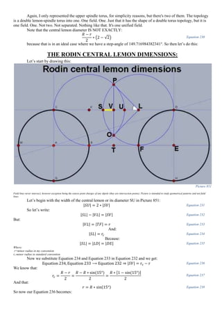 Again, I only represented the upper spindle torus, for simplicity reasons, but there's two of them. The topology
is a double lemon-spindle torus into one. One field. One. Just that it has the shape of a double torus topology, but it is
one field. One. Not two. Not separated. Nothing like that. It's one unified field.
Note that the central lemon diameter IS NOT EXACTLY:
𝑅 − 𝑟
2
∗ (2 − √2) Equation 230
because that is in an ideal case where we have a step-angle of 149.716984382341°. So then let’s do this:
THE RODIN CENTRAL LEMON DIMENSIONS:
Let’s start by drawing this:
Picture 851
Field lines never intersect, however exception being the source point charges of any dipole (they are intersection points). Picture is intended to study geometrical patterns and not field
lines.
Let’s begin with the width of the central lemon or its diameter SU in Picture 851:
|𝑆𝑈| = 2 ∗ |𝑆𝑉| Equation 231
So let’s write:
|𝑆𝐿| − |𝑉𝐿| = |𝑆𝑉| Equation 232
But:
|𝑉𝐿| = |𝑇𝐹| = 𝑟 Equation 233
And:
|𝑆𝐿| = 𝑟𝑐 Equation 234
Because:
|𝑆𝐿| = |𝐿𝐷| = |𝐷𝐸| Equation 235
Where:
r=minor radius in my convention
rc-minor radius in standard convention
Now we substitute Equation 234 and Equation 233 in Equation 232 and we get:
Equation 234, Equation 233 ⟶ Equation 232 ⇒ |𝑆𝑉| = rc − r Equation 236
We know that:
𝑟𝑐 =
𝑅 − 𝑟
2
=
𝑅 − 𝑅 ∗ sin(15°)
2
=
𝑅 ∗ [1 − sin(15°)]
2
Equation 237
And that:
𝑟 = 𝑅 ∗ sin(15°) Equation 238
So now our Equation 236 becomes:
 