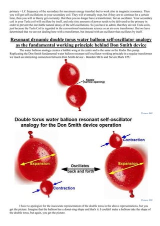 primary = LC frequency of the secondary for maximum energy transfer) but to work also in magnetic resonance. Then
you will get self-oscillations in your secondary coil. They will eventually stop, but if they are to continue for a certain
time, then you will in theory get overunity. But then you no longer have a transformer, but an oscillator. Your secondary
coil in your Tesla coil will oscillate by itself, and only tiny amounts of power needs to be delivered to the primary in
order to prevent the inevitable natural decay of the self-oscillations. So you have to admit, that they are not Tesla coils,
just because the Tesla Coil is regarded in the conventional mainstream science as an air-core transformer. But we have
determined that we are not dealing here with a transformer, but instead with an oscillator that oscillates by itself.
Resonant dynamic double torus water balloon self-oscillator analogy
as the fundamental working principle behind Don Smith device
The water balloon analogy creates a bubble wing at its center and is the same as the Rodin flux pump.
Replicating the Don Smith fundamental water balloon resonant self-oscillator working principle in a regular transformer
we reach an interesting connection between Don Smith device - Bearden MEG and Steven Mark TPU
Picture 889
Picture 890
I have to apologize for the inaccurate representation of the double torus in the above representations, but you
get the picture. Imagine that the balloon has a donut-ring shape and that's it. I couldn't make a balloon take the shape of
the double torus, but again, you get the picture.
 