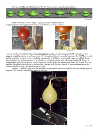 Ok. Fine. Don't be so hard on me. Fine. Ok. Ok. I'll show a more accurate representation:
Picture 891
Happy now? This is what I imagine is going on in the Don Smith device.
Maybe this picture will trigger a motivation to watch Walter Lewin 802 lectures:
Picture 892 Picture 893
However he talks about electric fields of two electric poles (charges), similar to magnetic fields interaction of two
magnetic poles (dipoles) but nevertheless…you will not regret watching. I personally have study this "802" how he calls
it at the university, so for me it was a wonderful remembering of all things I have learned, exams and all that. Being
there, done that, but nothing compares to how Walter Lewin presents his lectures. He's quite amazing. He focuses in
understanding, and practical physics, not just theoretical mumbo jumbo that nobody understands. I've learned from him
watching the online lectures almost as much as I have learned in all the years from all of my professors at university.
Quite an amazing person! He is a true hero in my eyes.
However I could be wrong about this water balloon analogy because there is another alternate configuration and
magnetic field dynamics possible here. More on that later.
Picture 894
 