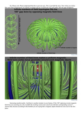 No. Please wait. Please understand that this is just one case. This is just half the story. Now when you realize
that such field configurations are infinite in number and are overlaid one over each other, then the gaps disappears:
Picture 899
Picture 900
Interesting mumbo jumbo. And there is another mistake in your fantasy. If the 180° opposing circular magnetic
field lines are canceling out, why wouldn't the resulting vectors also cancel out with their corresponding vectors?
Answer that, because according to this bullshit you are saying that a magnetic dipole should not even exist in the first
place.
 