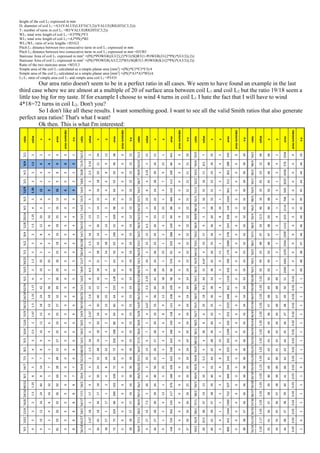 height of the coil L2 expressed in mm
D1 diameter of coil L1 =A3/(VALUE(LEFT(C3;2))/VALUE(RIGHT(C3;2)))
T1 number of turns in coil L1 =B3/VALUE(RIGHT(C3;2))
WL1 total wire length of coil L1 =E3*PI()*F3
WL2 total wire length of coil L2 =A3*PI()*B3
WL2/WL1 ratio of wire lengths =H3/G3
Pitch L1 distance between two consecutive turns in coil L1 expressed in mm
Pitch L2 distance between two consecutive turns in coil L2 expressed in mm =D3/B3
Staircase Area of coil L1 expressed in mm2
=(PI()*POWER((E3/2);2)*F3)/SQRT(1-POWER(J3/(2*PI()*(E3/2));2))
Staircase Area of coil L2 expressed in mm2
=(PI()*POWER(A3/2;2)*B3)/SQRT(1-POWER(K3/(2*PI()*(A3/2));2))
Ratio of the two staircase areas =M3/L3
Simple area of the coil L1 calculated as a simple planar area [mm2
] =(PI()*E3*E3*F3)/4
Simple area of the coil L2 calculated as a simple planar area [mm2
] =(PI()*A3*A3*B3)/4
L2/L1 ratio of simple area coil L1 and simple area coil L2 =P3/O3
Our area ratio doesn't seem to be in a perfect ratio in all cases. We seem to have found an example in the last
third case where we are almost at a multiple of 20 of surface area between coil L1 and coil L2 but the ratio 19/18 seem a
little too big for my taste. If for example I choose to wind 4 turns in coil L1 I hate the fact that I will have to wind
4*18=72 turns in coil L2. Don't you?
So I don't like all these results. I want something good. I want to see all the valid Smith ratios that also generate
perfect area ratios! That's what I want!
Ok then. This is what I'm interested:
ratio
value
x
y
area
areareminder
x-y
ratio
value
x
y
area
areareminder
x-y
ratio
value
x
y
area
areareminder
x-y
ratio
value
x
y
area
areareminder
x-y
ratio
value
x
y
area
areareminder
x-y
'2/1
2
2
1
4
0
1
'24/12
2
24
12
48
0
12
'21/1
21
21
1
441
0
20
'35/5
7
35
5
245
0
30
'44/1
44
44
1
1936
0
43
'6/4
1.5
6
4
9
0
2
'21/9
2.33
21
9
49
0
12
'42/21
2
42
21
84
0
21
'34/4
8.5
34
4
289
0
30
'48/4
12
48
4
576
0
44
'4/2
2
4
2
8
0
2
'20/8
2.5
20
8
50
0
12
'30/9
3.33
30
9
100
0
21
'33/3
11
33
3
363
0
30
'46/2
23
46
2
1058
0
44
'3/1
3
3
1
9
0
2
'18/6
3
18
6
54
0
12
'28/7
4
28
7
112
0
21
'32/2
16
32
2
512
0
30
'45/1
45
45
1
2025
0
44
'12/9
1.33
12
9
16
0
3
'16/4
4
16
4
64
0
12
'24/3
8
24
3
192
0
21
'31/1
31
31
1
961
0
30
'50/5
10
50
5
500
0
45
'6/3
2
6
3
12
0
3
'15/3
5
15
3
75
0
12
'22/1
22
22
1
484
0
21
'32/1
32
32
1
1024
0
31
'48/3
16
48
3
768
0
45
'4/1
4
4
1
16
0
3
'14/2
7
14
2
98
0
12
'44/22
2
44
22
88
0
22
'48/16
3
48
16
144
0
32
'46/1
46
46
1
2116
0
45
'20/16
1.25
20
16
25
0
4
'13/1
13
13
1
169
0
12
'33/11
3
33
11
99
0
22
'40/8
5
40
8
200
0
32
'50/4
12.5
50
4
625
0
46
'12/8
1.5
12
8
18
0
4
'26/13
2
26
13
52
0
13
'26/4
6.5
26
4
169
0
22
'36/4
9
36
4
324
0
32
'48/2
24
48
2
1152
0
46
'8/4
2
8
4
16
0
4
'14/1
14
14
1
196
0
13
'24/2
12
24
2
288
0
22
'34/2
17
34
2
578
0
32
'47/1
47
47
1
2209
0
46
'6/2
3
6
2
18
0
4
'42/28
1.5
42
28
63
0
14
'23/1
23
23
1
529
0
22
'33/1
33
33
1
1089
0
32
'48/1
48
48
1
2304
0
47
'5/1
5
5
1
25
0
4
'28/14
2
28
14
56
0
14
'46/23
2
46
23
92
0
23
'44/11
4
44
11
176
0
33
'50/2
25
50
2
1250
0
48
'30/25
1.2
30
25
36
0
5
'21/7
3
21
7
63
0
14
'24/1
24
24
1
576
0
23
'42/9
4.67
42
9
196
0
33
'49/1
49
49
1
2401
0
48
'10/5
2
10
5
20
0
5
'18/4
4.5
18
4
81
0
14
'48/24
2
48
24
96
0
24
'36/3
12
36
3
432
0
33
'50/1
50
50
1
2500
0
49
'6/1
6
6
1
36
0
5
'16/2
8
16
2
128
0
14
'42/18
2.33
42
18
98
0
24
'34/1
34
34
1
1156
0
33
'50/49
1.02
50
49
51
0.02
1
'42/36
1.17
42
36
49
0
6
'15/1
15
15
1
225
0
14
'40/16
2.5
40
16
100
0
24
'38/4
9.5
38
4
361
0
34
'49/48
1.02
49
48
50
0.02
1
'24/18
1.33
24
18
32
0
6
'40/25
1.6
40
25
64
0
15
'36/12
3
36
12
108
0
24
'36/2
18
36
2
648
0
34
'48/47
1.02
48
47
49
0.02
1
'18/12
1.5
18
12
27
0
6
'30/15
2
30
15
60
0
15
'33/9
3.67
33
9
121
0
24
'35/1
35
35
1
1225
0
34
'47/46
1.02
47
46
48
0.02
1
'15/9
1.67
15
9
25
0
6
'24/9
2.67
24
9
64
0
15
'32/8
4
32
8
128
0
24
'42/7
6
42
7
252
0
35
'46/45
1.02
46
45
47
0.02
1
'12/6
2
12
6
24
0
6
'20/5
4
20
5
80
0
15
'30/6
5
30
6
150
0
24
'40/5
8
40
5
320
0
35
'45/44
1.02
45
44
46
0.02
1
'10/4
2.5
10
4
25
0
6
'18/3
6
18
3
108
0
15
'28/4
7
28
4
196
0
24
'36/1
36
36
1
1296
0
35
'44/43
1.02
44
43
45
0.02
1
'9/3
3
9
3
27
0
6
'16/1
16
16
1
256
0
15
'27/3
9
27
3
243
0
24
'48/12
4
48
12
192
0
36
'43/42
1.02
43
42
44
0.02
1
'8/2
4
8
2
32
0
6
'48/32
1.5
48
32
72
0
16
'26/2
13
26
2
338
0
24
'45/9
5
45
9
225
0
36
'42/41
1.02
42
41
43
0.02
1
'7/1
7
7
1
49
0
6
'32/16
2
32
16
64
0
16
'25/1
25
25
1
625
0
24
'44/8
5.5
44
8
242
0
36
'41/40
1.03
41
40
42
0.02
1
'14/7
2
14
7
28
0
7
'24/8
3
24
8
72
0
16
'50/25
2
50
25
100
0
25
'42/6
7
42
6
294
0
36
'49/40
1.23
49
40
60
0.02
9
'8/1
8
8
1
64
0
7
'20/4
5
20
4
100
0
16
'30/5
6
30
5
180
0
25
'40/4
10
40
4
400
0
36
'40/39
1.03
40
39
41
0.03
1
'40/32
1.25
40
32
50
0
8
'18/2
9
18
2
162
0
16
'26/1
26
26
1
676
0
25
'39/3
13
39
3
507
0
36
'39/38
1.03
39
38
40
0.03
1
'24/16
1.5
24
16
36
0
8
'17/1
17
17
1
289
0
16
'39/13
3
39
13
117
0
26
'38/2
19
38
2
722
0
36
'38/37
1.03
38
37
39
0.03
1
'16/8
2
16
8
32
0
8
'34/17
2
34
17
68
0
17
'30/4
7.5
30
4
225
0
26
'37/1
37
37
1
1369
0
36
'37/36
1.03
37
36
38
0.03
1
'12/4
3
12
4
36
0
8
'18/1
18
18
1
324
0
17
'28/2
14
28
2
392
0
26
'38/1
38
38
1
1444
0
37
'36/35
1.03
36
35
37
0.03
1
'10/2
5
10
2
50
0
8
'45/27
1.67
45
27
75
0
18
'27/1
27
27
1
729
0
26
'42/4
10.5
42
4
441
0
38
'41/35
1.17
41
35
48
0.03
6
'9/1
9
9
1
81
0
8
'36/18
2
36
18
72
0
18
'36/9
4
36
9
144
0
27
'40/2
20
40
2
800
0
38
'35/34
1.03
35
34
36
0.03
1
 