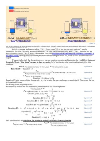 Picture 88
Note: This type of definitions of COP, Efficiency and Overunity are mostly applied to Transformers and Ideal Transformers. Using these definitions in any other type of generators, motors or devices, is not recommended
and will likely lead to serious distortions and errors.
In both examples, we have seen how COP=1.5 and even COP=6 are not overunity, and can’t sustain
themselves. So then, Overunity is not dependent on COP. You could have overunity with a COP=1.1 device and not
have overunity with a COP=10 device. In both four cases, the major player in achieving self-sustaining (overunity) is
the “blue liquid” or the power consumed by the transformer in an open-circuit test, when no load is connected at the
output.
If we carefully study the above pictures, we can see a pattern emerging and determine the conditions that must
be satisfied by the “blue liquid” in order to have overunity. So let’s write down the equations (inequality) for this
condition:
𝐶𝑂𝑃 ∗ 𝑃𝐼𝑁 (𝐶𝑂𝑁𝑆𝑈𝑀𝐸𝐷 𝑂𝑁𝐿𝑌 𝐵𝑌 𝑇𝐻𝐸 𝐿𝑂𝐴𝐷) > 𝑃𝐼𝑁 𝑇𝑂𝑇𝐴𝐿 (𝑊𝐼𝑇𝐻 𝐿𝑂𝐴𝐷) Equation 13
𝐄𝐪𝐮𝐚𝐭𝐢𝐨𝐧 𝟖 → Equation 13
⇒
𝑃𝑂𝑈𝑇
𝑃𝐼𝑁 (𝐶𝑂𝑁𝑆𝑈𝑀𝐸𝐷 𝑂𝑁𝐿𝑌 𝐵𝑌 𝑇𝐻𝐸 𝐿𝑂𝐴𝐷)
∗ 𝑃𝐼𝑁 (𝐶𝑂𝑁𝑆𝑈𝑀𝐸𝐷 𝑂𝑁𝐿𝑌 𝐵𝑌 𝑇𝐻𝐸 𝐿𝑂𝐴𝐷)
> 𝑃𝐼𝑁 𝑇𝑂𝑇𝐴𝐿 (𝑊𝐼𝑇𝐻 𝐿𝑂𝐴𝐷)
Equation 14
Equation 14 ⇒ 𝑃𝑂𝑈𝑇 > 𝑃𝐼𝑁 Equation 15
Equation 15 is the true condition for overunity to exist in order for our transformer to sustain itself. This means that our
in Equation 13 is true.
Let’s analyze this inequality further:
For simplicity reasons we will name these parameters with the following letters:
𝑃𝐼𝑁 (𝑁𝑂 𝐿𝑂𝐴𝐷) = 𝑚
𝑃𝐼𝑁 (𝐶𝑂𝑁𝑆𝑈𝑀𝐸𝐷 𝑂𝑁𝐿𝑌 𝐵𝑌 𝑇𝐻𝐸 𝐿𝑂𝐴𝐷) = 𝑛
𝑃𝐼𝑁 𝑇𝑂𝑇𝐴𝐿 (𝑊𝐼𝑇𝐻 𝐿𝑂𝐴𝐷) = 𝑝
} ⇒ 𝑚 + 𝑛 = 𝑝 Equation 16
𝑃𝑂𝑈𝑇 = 𝑞;
Equation 16 ⇒ 𝑛 = 𝑝 − 𝑚 Equation 17
Equation 13 ⇒ 𝐶𝑂𝑃 ∗ 𝑛 > 𝑝 ⇔
𝑞
𝑛
∗ 𝑛 > 𝑝 Equation 18
Equation 17 → Equation 18:
𝑞
𝑝 − 𝑚
∗ 𝑛 > 𝑝 Equation 19
Equation 19 ∗ (𝑝 − 𝑚) ⇒ 𝑞 ∗ 𝑛 > 𝑝 ∗ (𝑝 − 𝑚) ⇔ 𝑞 ∗ 𝑛 > 𝑝2
− 𝑝𝑚 ⇔ −𝑝2
+ 𝑞 ∗ 𝑛 > −𝑝𝑚 Equation 20
Equation 20
−𝑝
⇒
−𝑝2
+ 𝑞 ∗ 𝑛
−𝑝
< 𝑚 ⇔ 𝑚 >
−𝑝 (𝑝 −
𝑞 ∗ 𝑛
𝑝 )
−𝑝
Equation 21
Equation 21 ⇒ 𝑚 > 𝑝 −
𝑞 ∗ 𝑛
𝑝
Equation 22
This translates into the condition for overunity or self-sustaining in transformers:
𝑃𝐼𝑁 (𝑁𝑂 𝐿𝑂𝐴𝐷) > 𝑃𝐼𝑁 𝑇𝑂𝑇𝐴𝐿 (𝑊𝐼𝑇𝐻 𝐿𝑂𝐴𝐷) −
𝑃𝑂𝑈𝑇 ∗ 𝑃𝐼𝑁 (𝐶𝑂𝑁𝑆𝑈𝑀𝐸𝐷 𝑂𝑁𝐿𝑌 𝐵𝑌 𝑇𝐻𝐸 𝐿𝑂𝐴𝐷)
𝑃𝐼𝑁 𝑇𝑂𝑇𝐴𝐿 (𝑊𝐼𝑇𝐻 𝐿𝑂𝐴𝐷)
Equation 23
 