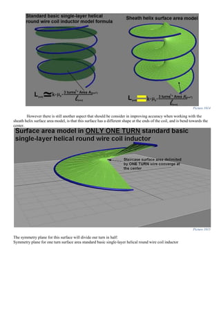 Picture 1014
However there is still another aspect that should be consider in improving accuracy when working with the
sheath helix surface area model, is that this surface has a different shape at the ends of the coil, and is bend towards the
center.
Picture 1015
The symmetry plane for this surface will divide our turn in half:
Symmetry plane for one turn surface area standard basic single-layer helical round wire coil inductor
 