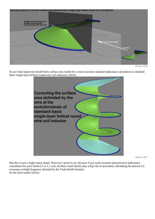 Picture 1016
So our final improved sheath helix surface area model for a more accurate standard inductance calculation in standard
basic single-layer helical round wire coil inductors will be:
Picture 1017
But this is just a slight minor detail. However I point it out, because if you want accurate and precision inductance
calculation for your Smith L2 or L1 coil, all these small details play a big role in accurately calculating the precise LC
resonance at high frequency dictated by the Tesla-Smith formula.
So the final model will be:
 