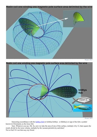 Picture 1022
Picture 1023
Interesting resemblance with the Ichthys fish (or Ichthus/Ichthys or Ikhthus) or sign of the fish a symbol
known in Christianity as the Jesus fish.
Sure. Whatever you say. Ok. So, now we take the area of one of this surface, multiply it by 12, then square the
result, divide by the torus volume, multiply by the vacuum permittivity and done!
Not so fast! It’s not that easy my friend.
 