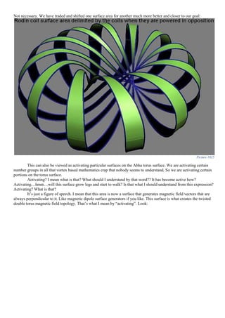 Not necessary. We have traded and shifted one surface area for another much more better and closer to our goal:
Picture 1025
This can also be viewed as activating particular surfaces on the Abha torus surface. We are activating certain
number groups in all that vortex based mathematics crap that nobody seems to understand. So we are activating certain
portions on the torus surface.
Activating? I mean what is that? What should I understand by that word?? It has become active how?
Activating…hmm…will this surface grow legs and start to walk? Is that what I should understand from this expression?
Activating? What is that?
It’s just a figure of speech. I mean that this area is now a surface that generates magnetic field vectors that are
always perpendicular to it. Like magnetic dipole surface generators if you like. This surface is what creates the twisted
double torus magnetic field topology. That’s what I mean by “activating”. Look:
 