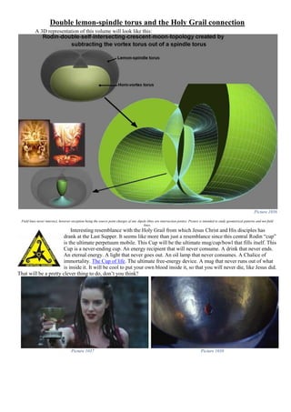 Double lemon-spindle torus and the Holy Grail connection
A 3D representation of this volume will look like this:
Picture 1036
Field lines never intersect, however exception being the source point charges of any dipole (they are intersection points). Picture is intended to study geometrical patterns and not field
lines.
Interesting resemblance with the Holy Grail from which Jesus Christ and His disciples has
drank at the Last Supper. It seems like more than just a resemblance since this central Rodin “cup”
is the ultimate perpetuum mobile. This Cup will be the ultimate mug/cup/bowl that fills itself. This
Cup is a never-ending cup. An energy recipient that will never consume. A drink that never ends.
An eternal energy. A light that never goes out. An oil lamp that never consumes. A Chalice of
immortality. The Cup of life. The ultimate free-energy device. A mug that never runs out of what
is inside it. It will be cool to put your own blood inside it, so that you will never die, like Jesus did.
That will be a pretty clever thing to do, don’t you think?
Picture 1037 Picture 1038
 