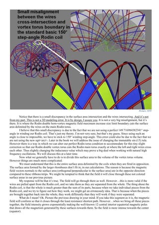 Picture 1059
Notice that there is a small discrepancy in the surface area intersection and the wires intersecting. And it’s not
from my part. This is not a 3D modeling error. It is by design, I assure you. It is not a very big misalignment, but it’s
there. It is where the Rodin double horn-vortex magnetic field maximum increase size limit boundary cuts the surface
area delimited by the wires on the main Rodin torus.
I believe that this small discrepancy is due to the fact that we are not using a perfect 149.716984382341° step-
angle in winding our Rodin coil. That’s just my theory. I’m not very sure, but that’s my guess. Since using such an
angle is close to impossible, we have to stick to 150° winding step-angle. This error could also be due to the fact that we
are not using the new sqrt<aici>. Later in the book we will address the issue of changing the immutable sin (15) rule.
However there is a way in which we can alter our perfect Rodin torus condition to accommodate for this tiny slight
correction so that our Rodin double vortex torus cuts the Rodin main torus exactly at where the left and right wires cross
each other. Thus slightly changing the inductance value which may prove a big deal when working with natural high
frequency oscillations. We will discuss this at a later time.
Now what we generally have to do is to divide this surface area to the volume of the vortex torus volume.
However things are much more complicated.
We must understand that this is the entire surface area delimited by the coils when they are fired in opposition.
The surface area formed by the larger rhombuses don’t fit in, in our calculations. The reason is because the magnetic
field vectors normals to the surface area (orthogonal/perpendicular to the surface area) are in the opposite direction
compared to these ribbons/strips. We might be tempted to think that the field it will close through these not colored
surface areas in our previous picture.
My response will be that it’s true. The field will go through there as well. However…this is more valid if the
wires are pulled apart from the Rodin coil, and we take them as they are separated from the whole. The thing about the
Rodin coil, is that the whole is much greater than the sum of its parts, because when we take individual pieces from the
Rodin coil, and we try to figure out how they work, we might get an erroneously idea. That is because when the pieces
are brought together back into the whole, they work differently than they will work if they were separated.
What do I mean? Ok. Picture the previous drawing in your mind. If you take this segment as it is, the magnetic
field will conform so that it closes through the least resistance shortest path. However…when we bring all these pieces
together, the field intensity grows exponentially making the well-known 12 central interior equatorial magnetic poles
that draws all the magnetism generated by these surfaces towards them. So the field is more intense towards the center
(equator).
 