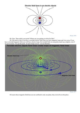 Picture 1076
Ok. Fine. Then what's your point? Where are you getting at with all of this?
Ok. My point is that if you have a toroidal electric field, then you have magnetic loops and vice-versa. If you
have a toroidal magnetic field, you will have electric loops. By toroidal field, we can pretty much say a dipole, even if
it's not accurate. You get the point. At least I hope you do. Let me illustrate:
Picture 1077
Of course these magnetic field lines are not confined to only one plane, they exist all over the place.
 