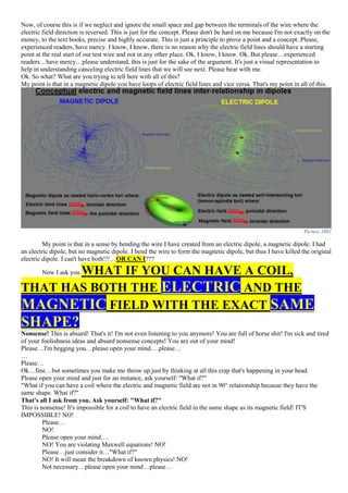 Now, of course this is if we neglect and ignore the small space and gap between the terminals of the wire where the
electric field direction is reversed. This is just for the concept. Please don't be hard on me because I'm not exactly on the
money, to the text books, precise and highly accurate. This is just a principle to prove a point and a concept. Please,
experienced readers, have mercy. I know, I know, there is no reason why the electric field lines should have a starting
point at the real start of our test wire and not in any other place. Ok. I know, I know. Ok. But please…experienced
readers…have mercy…please understand, this is just for the sake of the argument. It's just a visual representation to
help in understanding canceling electric field lines that we will see next. Please bear with me.
Ok. So what? What are you trying to tell here with all of this?
My point is that in a magnetic dipole you have loops of electric field lines and vice versa. That's my point in all of this.
Picture 1081
My point is that in a sense by bending the wire I have created from an electric dipole, a magnetic dipole. I had
an electric dipole, but no magnetic dipole. I bend the wire to form the magnetic dipole, but thus I have killed the original
electric dipole. I can't have both!!!…OR CAN I???
Now I ask you WHAT IF YOU CAN HAVE A COIL,
THAT HAS BOTH THE ELECTRIC AND THE
MAGNETIC FIELD WITH THE EXACT SAME
SHAPE?
Nonsense! This is absurd! That's it! I'm not even listening to you anymore! You are full of horse shit! I'm sick and tired
of your foolishness ideas and absurd nonsense concepts! You are out of your mind!
Please…I'm begging you…please open your mind….please…
…
Please…
Ok…fine…but sometimes you make me throw up just by thinking at all this crap that's happening in your head.
Please open your mind and just for an instance, ask yourself: "What if?"
"What if you can have a coil where the electric and magnetic field are not in 90° relationship because they have the
same shape. What if?"
That's all I ask from you. Ask yourself: "What if?"
This is nonsense! It's impossible for a coil to have an electric field in the same shape as its magnetic field! IT'S
IMPOSSIBLE! NO!
Please…
NO!
Please open your mind….
NO! You are violating Maxwell equations! NO!
Please…just consider it…"What if?"
NO! It will mean the breakdown of known physics! NO!
Not necessary…please open your mind…please…
 