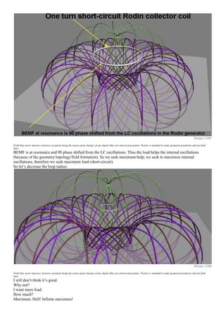 Picture 1165
Field lines never intersect, however exception being the source point charges of any dipole (they are intersection points). Picture is intended to study geometrical patterns and not field
lines.
BEMF is at resonance and 90 phase shifted from the LC oscillations. Thus the load helps the internal oscillations
(because of the geometry/topology/field formation). So we seek maximum help, we seek to maximize internal
oscillations, therefore we seek maximum load (short-circuit).
So let’s decrease the loop radius:
Picture 1166
Field lines never intersect, however exception being the source point charges of any dipole (they are intersection points). Picture is intended to study geometrical patterns and not field
lines.
I still don’t think it’s good.
Why not?
I want more load.
How much?
Maximum. Hell! Infinite maximum!
 