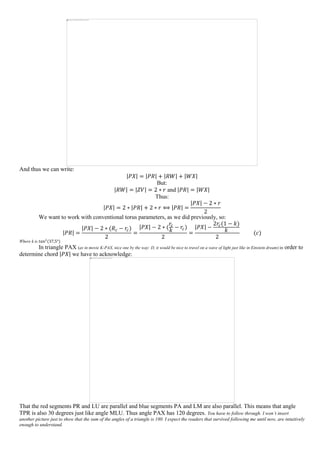 And thus we can write:
|𝑃𝑋| = |𝑃𝑅| + |𝑅𝑊| + |𝑊𝑋|
But:
|𝑅𝑊| = |𝑍𝑉| = 2 ∗ 𝑟 and |𝑃𝑅| = |𝑊𝑋|
Thus:
|𝑃𝑋| = 2 ∗ |𝑃𝑅| + 2 ∗ 𝑟 ⟺ |𝑃𝑅| =
|𝑃𝑋| − 2 ∗ 𝑟
2
We want to work with conventional torus parameters, as we did previously, so:
|𝑃𝑅| =
|𝑃𝑋| − 2 ∗ (𝑅 𝑐 − 𝑟𝑐)
2
=
|𝑃𝑋| − 2 ∗ (
𝑟𝑐
𝑘
− 𝑟𝑐)
2
=
|𝑃𝑋| −
2𝑟𝑐(1 − 𝑘)
𝑘
2
(𝑐)
Where k is 𝑡𝑎𝑛2
(37,5°)
In triangle PAX (as in movie K-PAX, nice one by the way: D, it would be nice to travel on a wave of light just like in Einstein dream) in order to
determine chord |𝑃𝑋| we have to acknowledge:
That the red segments PR and LU are parallel and blue segments PA and LM are also parallel. This means that angle
TPR is also 30 degrees just like angle MLU. Thus angle PAX has 120 degrees. You have to follow through. I won’t insert
another picture just to show that the sum of the angles of a triangle is 180. I expect the readers that survived following me until now, are intuitively
enough to understand.
 