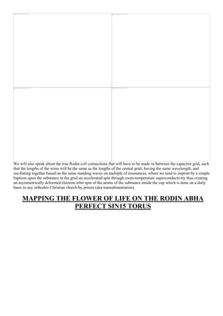 We will also speak about the true Rodin coil connections that will have to be made in-between the capacitor grid, such
that the lengths of the wires will be the same as the lengths of the central grail, having the same wavelength, and
oscillating together based on the same standing waves on multiple of resonances, where we tend to imprint by a simple
baptism upon the substance in the grail an accelerated spin through room-temperature superconductivity thus creating
an asymmetrically deformed electron orbit spin of the atoms of the substance inside the cup which is done on a daily
basis in any orthodox Christian church by priests (aka transubstantiation).
MAPPING THE FLOWER OF LIFE ON THE RODIN ABHA
PERFECT SIN15 TORUS
 