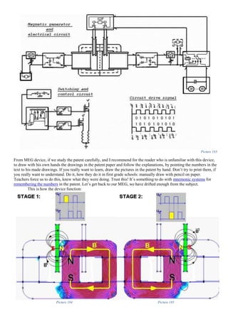 Picture 183
From MEG device, if we study the patent carefully, and I recommend for the reader who is unfamiliar with this device,
to draw with his own hands the drawings in the patent paper and follow the explanations, by pointing the numbers in the
text to his made drawings. If you really want to learn, draw the pictures in the patent by hand. Don’t try to print them, if
you really want to understand. Do it, how they do it in first grade schools: manually draw with pencil on paper.
Teachers force us to do this, knew what they were doing. Trust this! It’s something to do with mnemonic systems for
remembering the numbers in the patent. Let’s get back to our MEG, we have drifted enough from the subject.
This is how the device function:
Picture 184 Picture 185
 